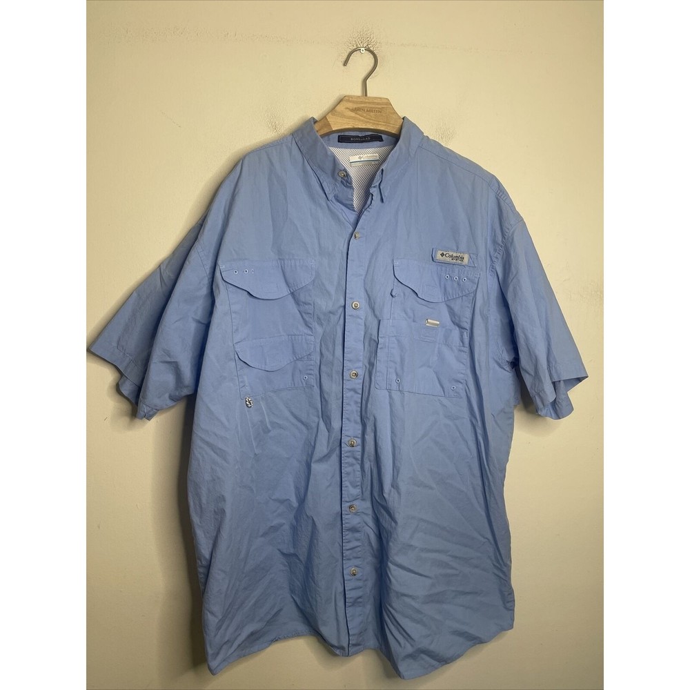 Columbia Shirt Mens Size Large Button-Up Blue PFG Bonehead Short Sleeve Fishing